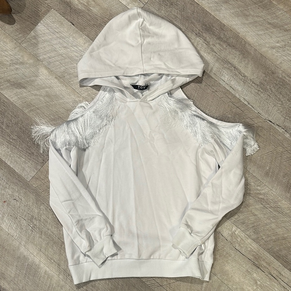 White Cold Shoulder Hoodie with Fringe